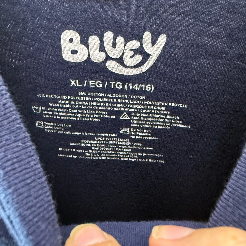 Bluey Hooray Graphic T-Shirt Kids XL 14/16 Navy Blue Short Sleeve Crewneck Tee